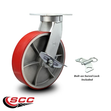 Service Caster 10 Inch Heavy Duty Red Poly on Cast Iron Caster with Brake and Swivel Lock SCC SCC-KP92S1030-PUR-RS-SLB-BSL